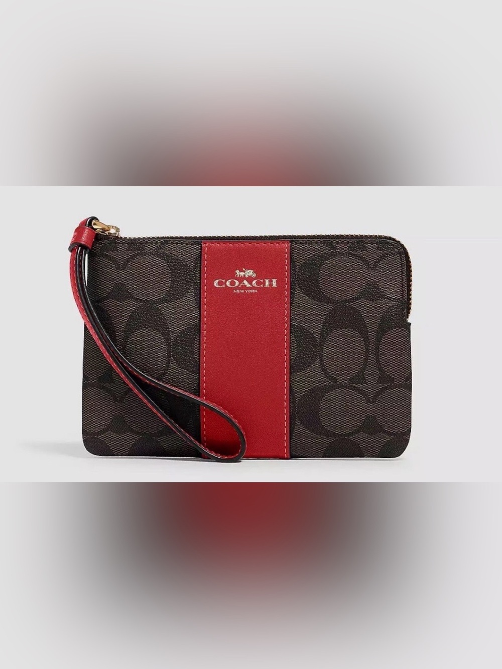 Coach Black Signature Canvas Wristlet with Red Center Stripe 58035